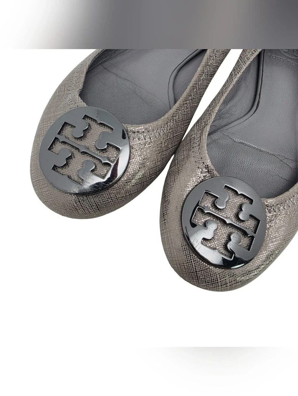 Tory Burch Reva Ballet Flats Pewter Metallic Textured Leather Size 5.5